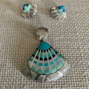 Sincerely Southwest Sterling Silver Inlay Fan Pendant and Earring Set